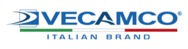 Logo Vecamco, marchio italiano. Scritta blu con simbolo stilizzato e bandiera italiana. Brand di qualità, prodotti Made in Italy.