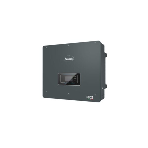 Inverter ibrido trifase ZCS Azzurro 3PH HYD8000 ZSS da 8 kW. Design compatto, colore grigio scuro, display frontale.