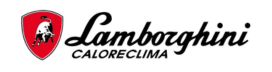 Logo Lamborghini Caloreclima: scudo rosso con toro rampante bianco e nero, affiancato dalla scritta Lamborghini in corsivo nero.