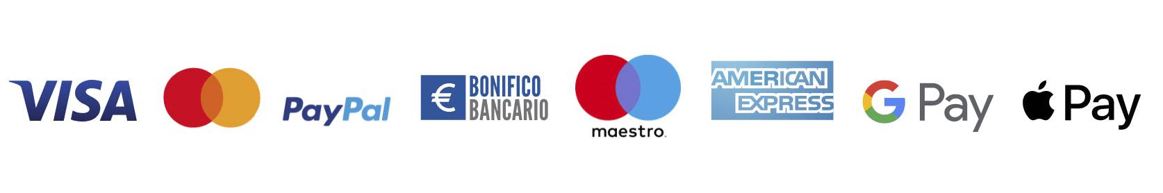 Metodi di pagamento accettati: Visa, Mastercard, PayPal, bonifico bancario, Maestro, American Express, Google Pay, Apple Pay.