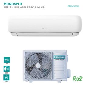 Climatizzatore Hisense Mini Apple Pro monosplit: unità interna bianca e unità esterna con ventola. Ideale per la climatizzazione domestica.