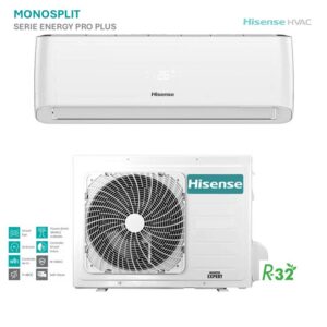 Climatizzatore Hisense Mono Energy Pro Plus: split interno bianco e unità esterna con ventola. Efficienza energetica e design moderno.