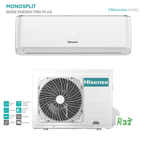 Climatizzatore Hisense Mono Energy Pro Plus: split interno bianco e unità esterna con ventola. Efficienza energetica e design moderno.