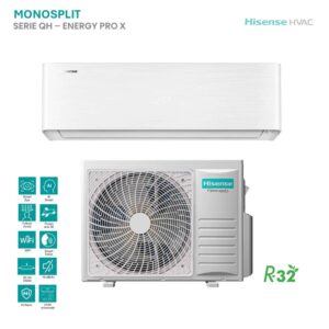 Climatizzatore Hisense Monosplit Energy Pro X: unità interna bianca e motore esterno. Efficienza energetica e design moderno per il tuo comfort.