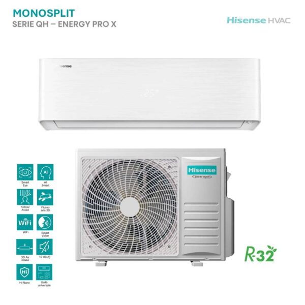 Climatizzatore Hisense Monosplit Energy Pro X: unità interna bianca e motore esterno. Efficienza energetica e design moderno per il tuo comfort.