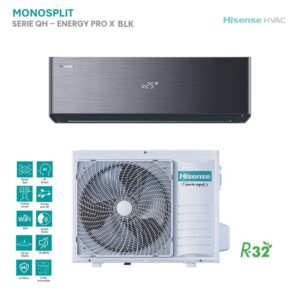 Climatizzatore Hisense Monosplit Energy Pro X nero: unità interna elegante, display temperatura, unità esterna inverter. Ideale per la climatizzazione.