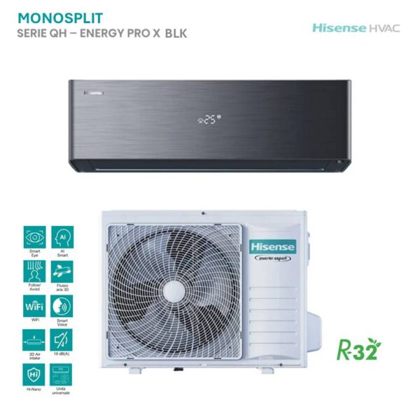 Climatizzatore Hisense Monosplit Energy Pro X nero: unità interna elegante, display temperatura, unità esterna inverter. Ideale per la climatizzazione.