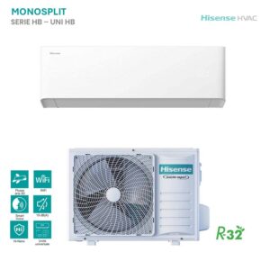 Climatizzatore Hisense Monosplit Serie HB Uni HB: unità interna bianca, esterna con ventola. Ideale per la climatizzazione domestica.