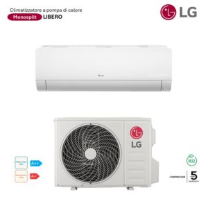 Climatizzatore LG Monosplit Libero: unità interna bianca e motore esterno con logo LG. Efficienza energetica A++. Ideale per la climatizzazione domestica.
