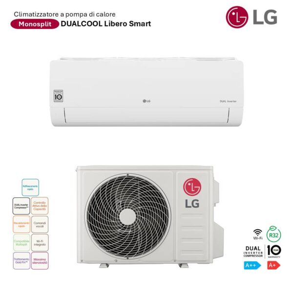 Climatizzatore LG Monosplit Dualcool Libero Smart: unità interna bianca e motore esterno. Efficienza energetica, comfort e tecnologia smart.