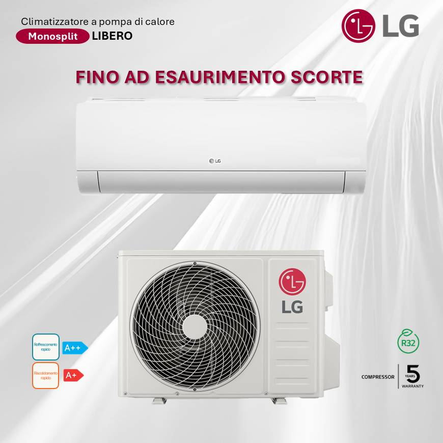 Climatizzatore LG Monosplit Libero in offerta. Clima a pompa di calore con compressore garantito 5 anni. Efficienza energetica A++/A+.