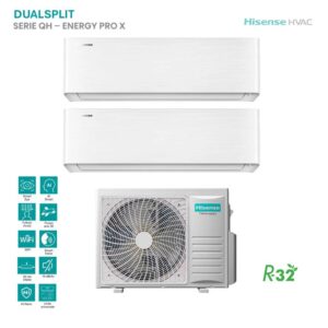 Climatizzatore Hisense Dual Energy Pro X: dual split inverter, unità esterna e due unità interne bianche. Raffreddamento e riscaldamento efficiente.