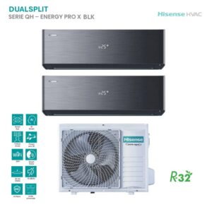 Climatizzatore Hisense Dual Split Energy Pro X nero: unità interna doppia, esterna. Efficienza energetica, design elegante. Ideale per la climatizzazione.