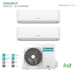 Climatizzatore Hisense Dual Split Serie CF Hi-Comfort: unità esterna e due split interni bianchi. Ideale per la climatizzazione domestica.