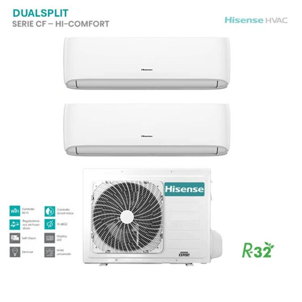 Climatizzatore Hisense Dual Split Serie CF Hi-Comfort: unità esterna e due split interni bianchi. Ideale per la climatizzazione domestica.