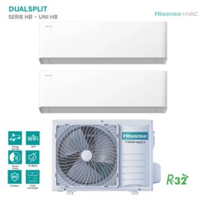 Climatizzatore Hisense Dual Split Serie HB-UNI HB: unità interna bianca, motore esterno Inverter Expert R32. Ideale per la climatizzazione domestica.