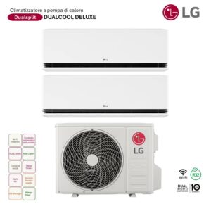 Climatizzatore LG Dualsplit Dualcool Deluxe: unità interna a parete e unità esterna. Clima con pompa di calore e tecnologia inverter.