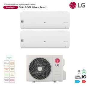 Climatizzatore LG Dualsplit DUALCOOL Libero Smart: unità esterna e due split interni bianchi. Efficienza energetica e tecnologia inverter.