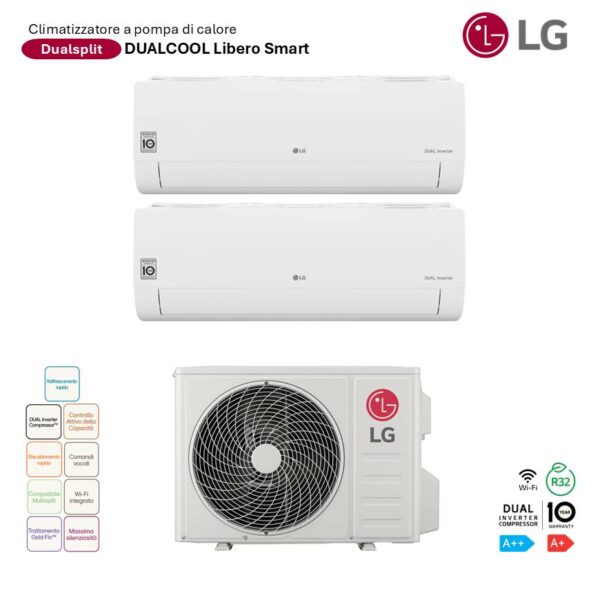Climatizzatore LG Dualsplit DUALCOOL Libero Smart: unità esterna e due split interni bianchi. Efficienza energetica e tecnologia inverter.