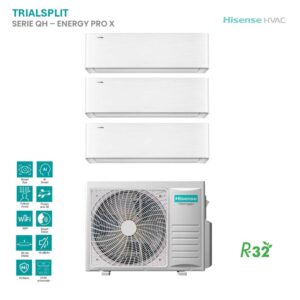 Climatizzatore Hisense Trial Split Energy Pro X: 3 unità interne bianche e unità esterna. Ideale per la climatizzazione domestica. Efficienza energetica.