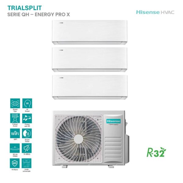 Climatizzatore Hisense Trial Split Energy Pro X: 3 unità interne bianche e unità esterna. Ideale per la climatizzazione domestica. Efficienza energetica.