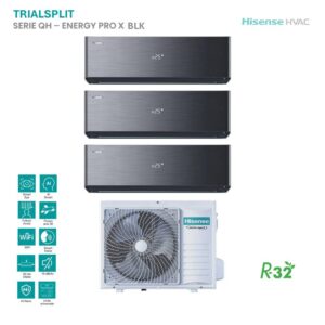 Climatizzatore Hisense Trial Split Energy Pro X nero: 3 unità interne, pompa di calore esterna. Ideale per raffrescamento e riscaldamento.