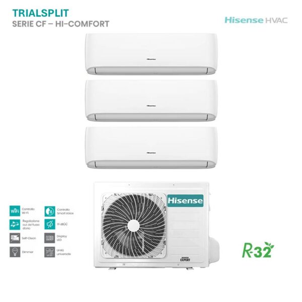 Climatizzatore Hisense Trial Split Serie CF Hi-Comfort: 3 unità interne e motore esterno. Ideale per la climatizzazione di più ambienti.