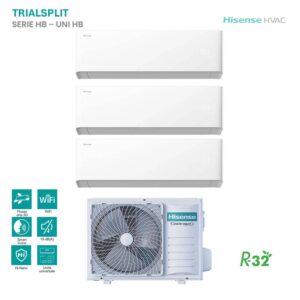 Climatizzatore Hisense Trial Split Serie HB-UNI HB: unità esterna e 3 split interni bianchi. Tecnologia Inverter Expert per efficienza energetica.