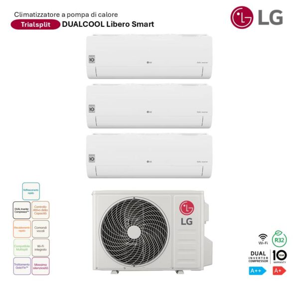 Climatizzatore LG Trial Split Dualcool Libero Smart: unità esterna e 3 split interni. Ideale per climatizzare più ambienti. Efficienza energetica.