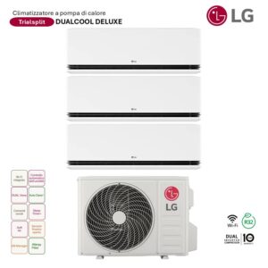 Climatizzatore LG Trial Split Dualcool Deluxe: climatizzatore a pompa di calore con unità esterna e tre unità interne a parete.