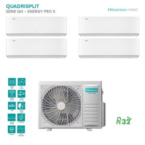 Climatizzatore Hisense Quadri Energy Pro X: 4 split interni bianchi e unità esterna. Soluzione ideale per la climatizzazione domestica.