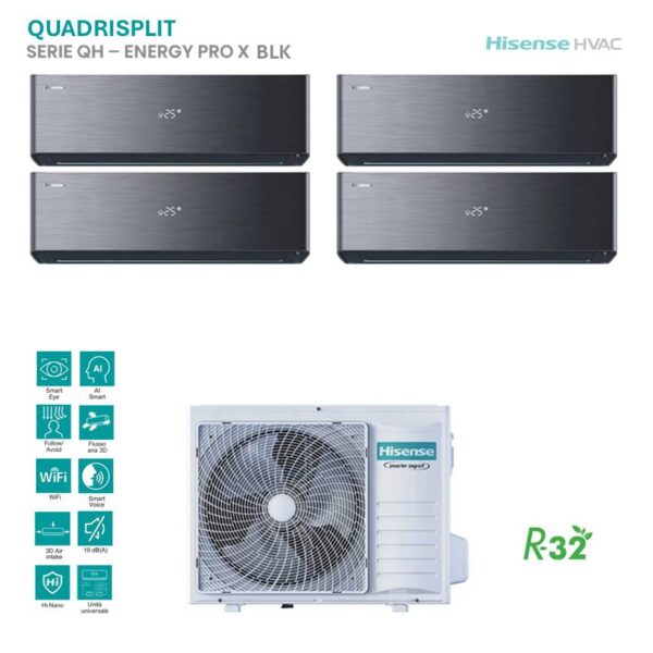 Climatizzatore Hisense QuadriSplit Energy Pro X nero: 4 unità interne e motore esterno. Ideale per la climatizzazione di più ambienti.