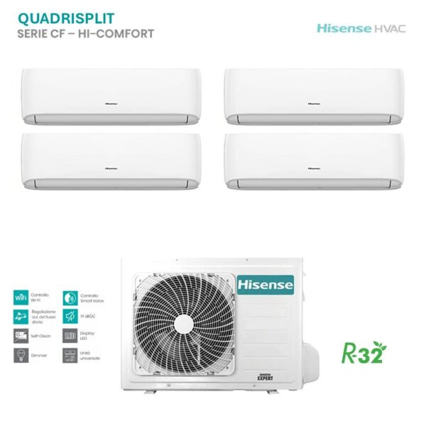 Climatizzatore Hisense Quadrisplit Serie CF Hi-Comfort: 4 unità interne e unità esterna. Ideale per climatizzare più stanze con un unico sistema.