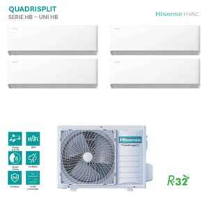 Climatizzatore Hisense Quadrisplit Serie HB-UNI HB: 4 unità interne bianche e unità esterna. Inverter Expert, R-32, Wi-Fi, Hi-Nano.