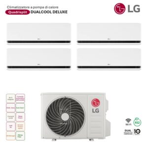 Climatizzatore LG Quadrisplit Dualcool Deluxe: 4 split interni e unità esterna. Clima inverter a pompa di calore, Wi-Fi integrato.