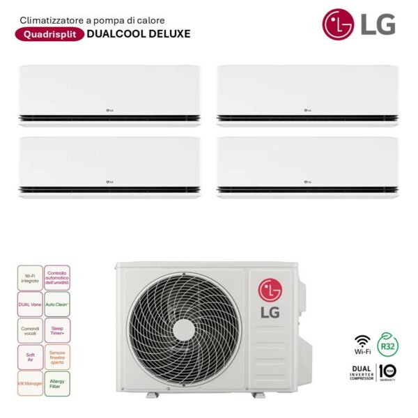 Climatizzatore LG Quadrisplit Dualcool Deluxe: 4 split interni e unità esterna. Clima inverter a pompa di calore, Wi-Fi integrato.