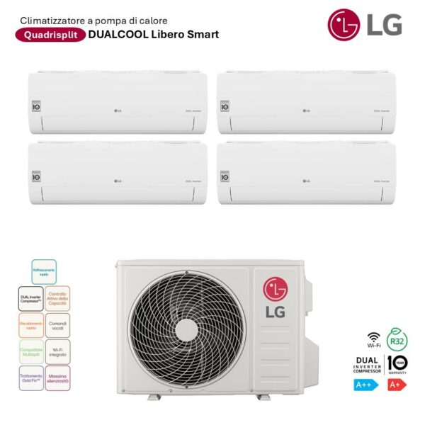 Climatizzatore LG Quadrisplit Dualcool Libero Smart: 4 split interni e unità esterna. Ideale per climatizzare più ambienti con efficienza A++.