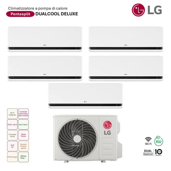 Climatizzatore LG Pentasplit Dualcool Deluxe: 5 unità interne e motore esterno. Clima inverter a pompa di calore, ideale per la casa.