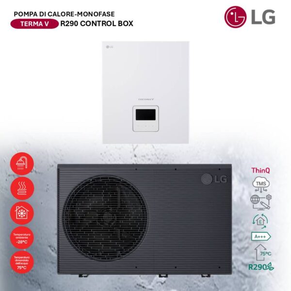 LG Therma V R290 Monofase: pompa di calore split con unità esterna nera e modulo idronico bianco. Control box per riscaldamento.
