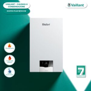 Caldaia a condensazione Vaillant EcoTEC Intro, design compatto, display digitale. Ideale per riscaldamento e acqua calda sanitaria.