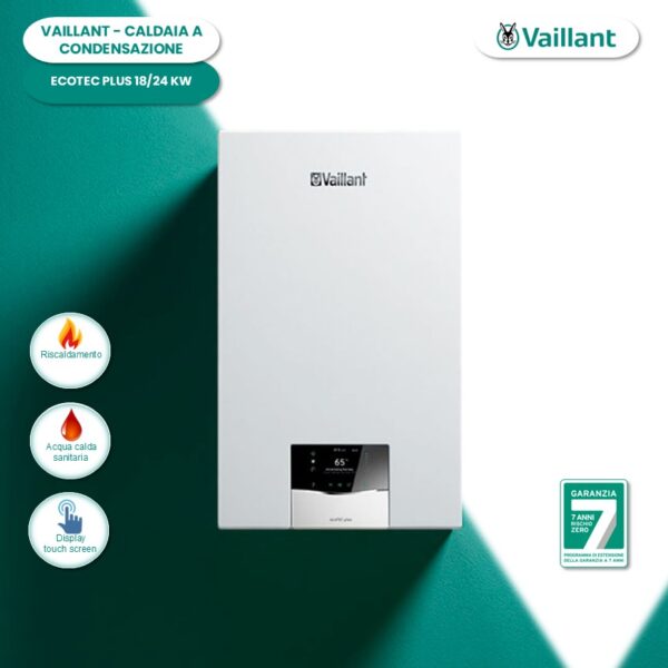 Caldaia a condensazione Vaillant EcoTEC Intro, design compatto, display digitale. Ideale per riscaldamento e acqua calda sanitaria.