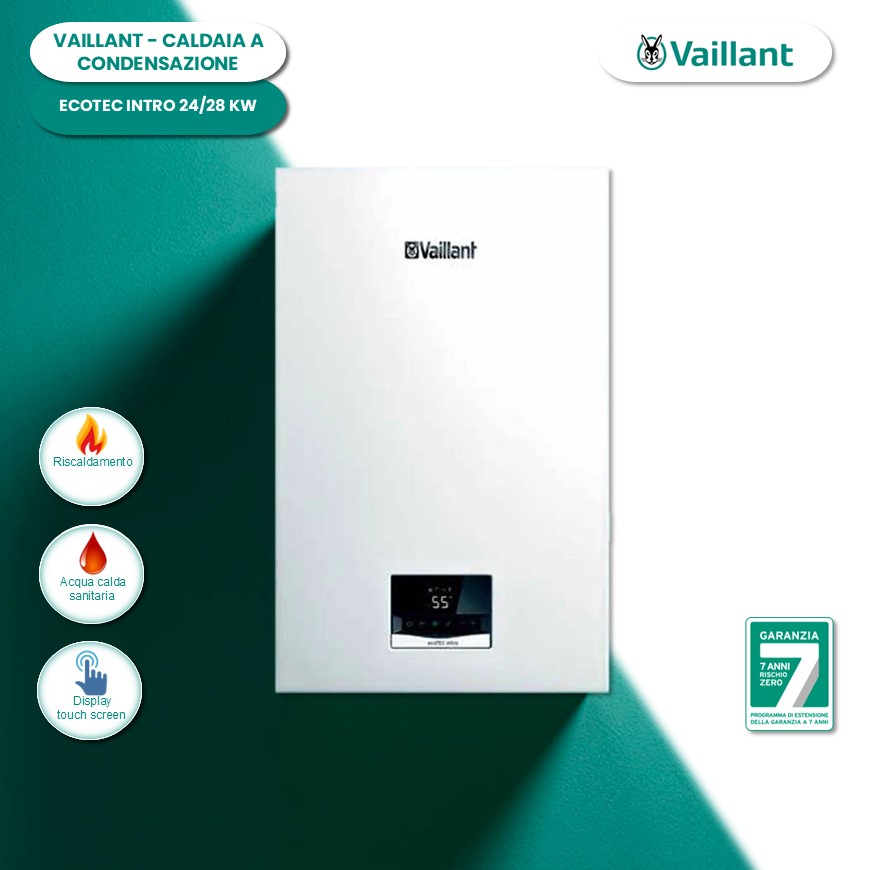 Caldaia a condensazione Vaillant EcoTec Intro 24/28 kW bianca, con display digitale e logo Vaillant.