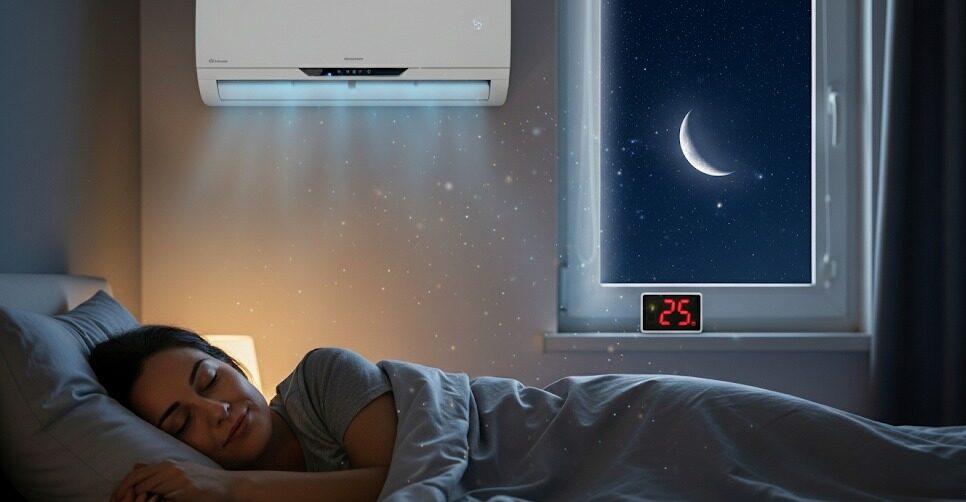 Donna dorme beatamente con climatizzatore. Sonno estivo confortevole grazie al condizionatore. Notte stellata e temperatura ideale.