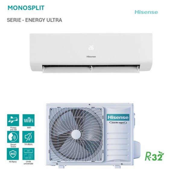 Climatizzatore Hisense Mono Split Energy Pro Plus bianco, unità interna ed esterna.