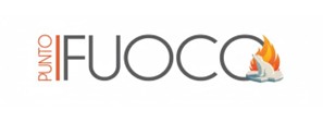 Logo Punto Fuoco: design moderno con scritta e simbolo di fiamma. Soluzione ideale per riscaldamento, camini e stufe a legna.