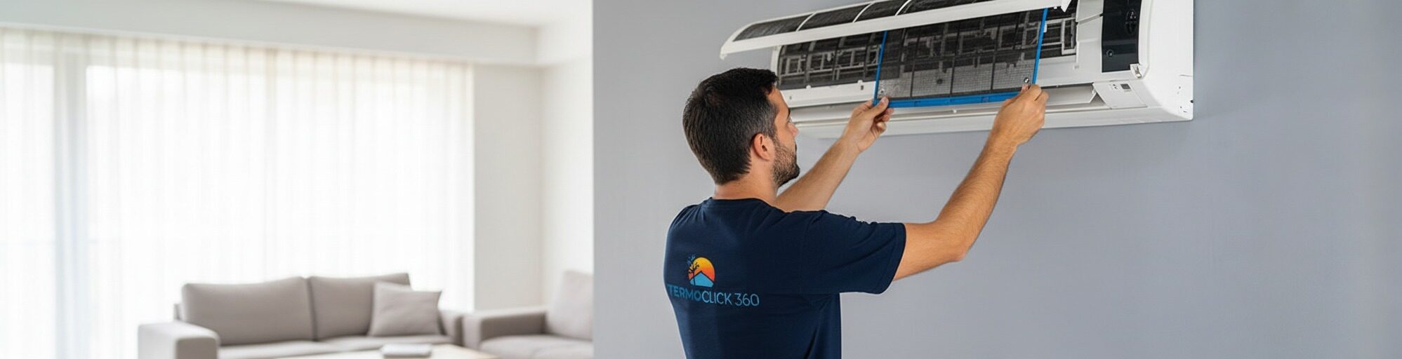 Rimozione filtro condizionatore. Tecnico rimuove i filtri del condizionatore per pulizia fai da te. Manutenzione condizionatori.