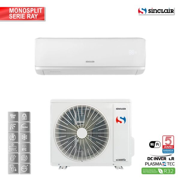 CLIMATIZZATORE SINCLAIR Monosplit INVERTER RAY 18K 4,6KW - WiFi SWM-04 non incluso Ray 4,6 18000 BTU  R32