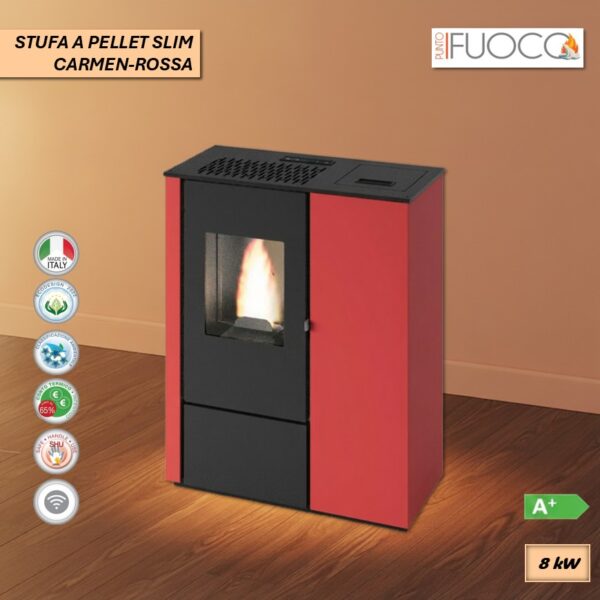 STUFA A PELLET SERIE CARMEN SLIM VENTILATA ROSSA 8KW